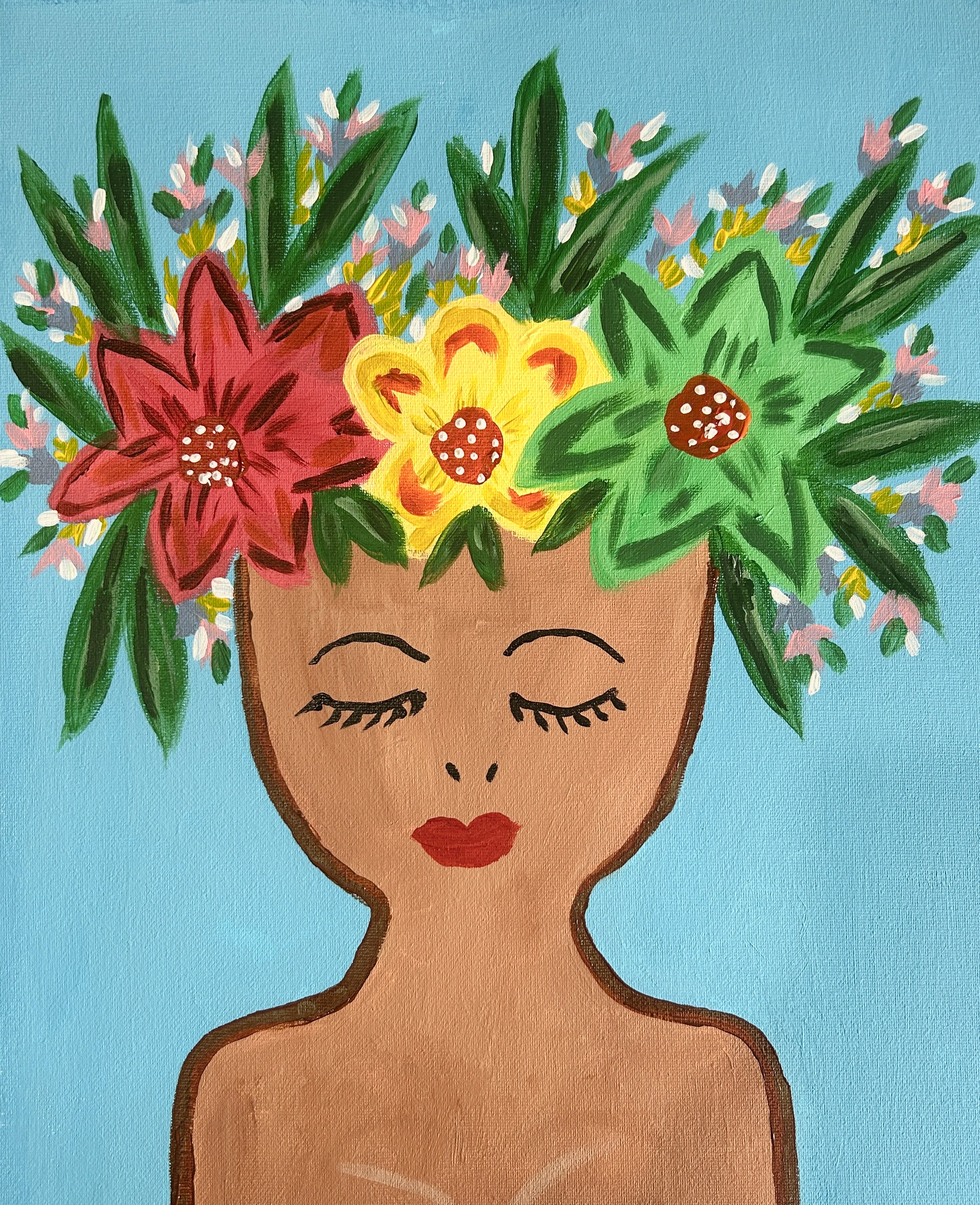 acrylic painting of a lady with large flowers in head piece
