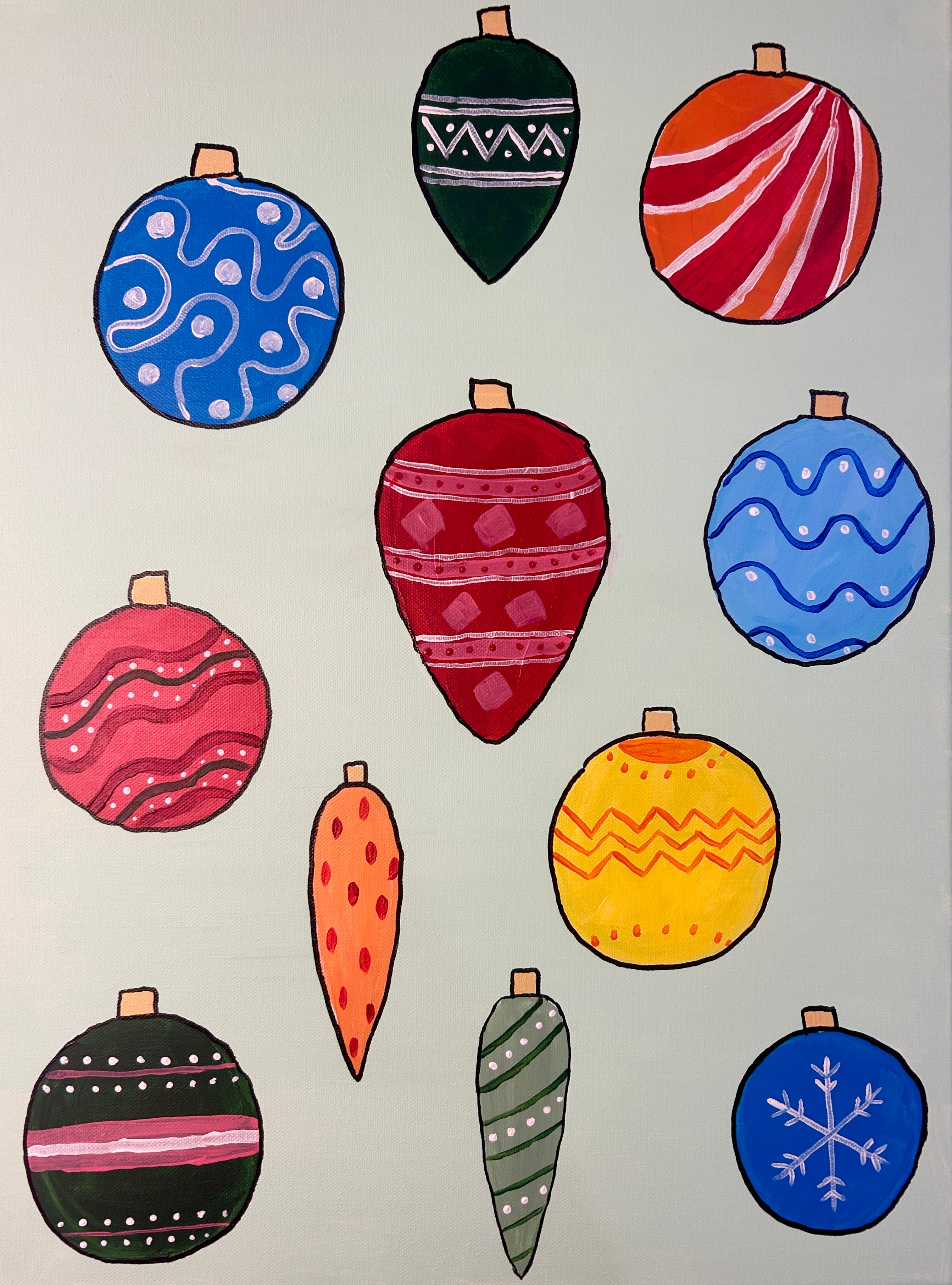 acrylic painting of Colorful Christmas baul bauls on a a pale background
