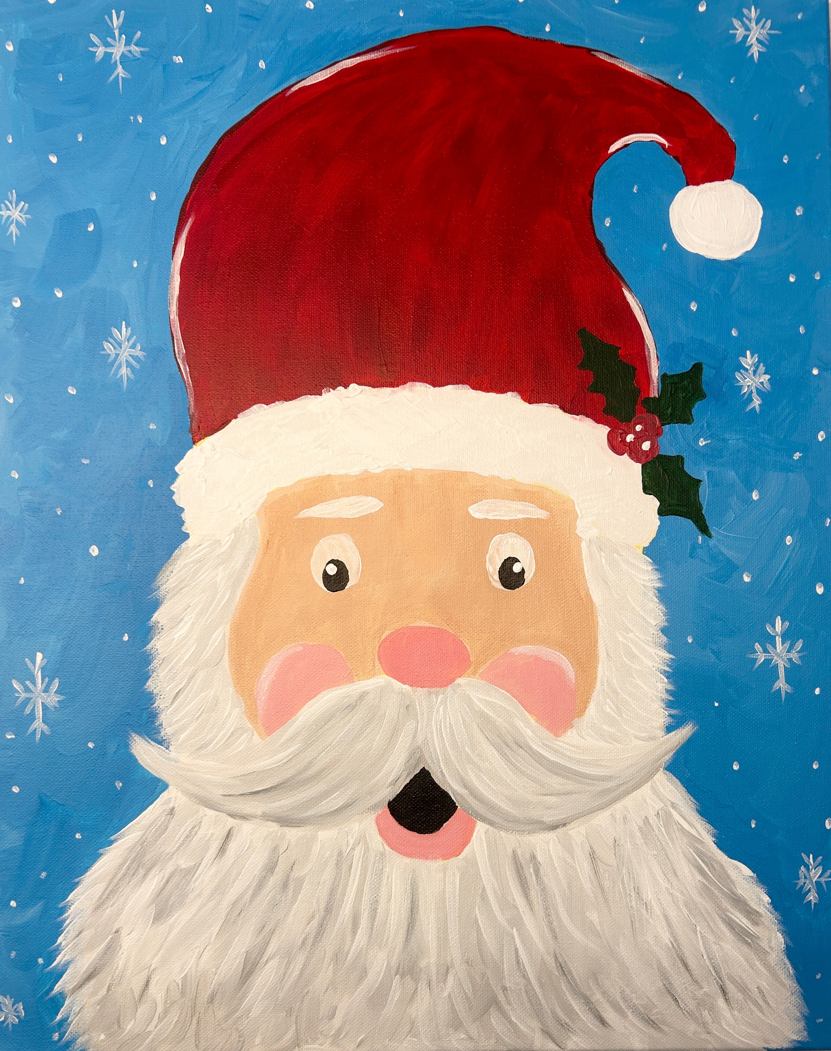 Illustration of Santa Claus with a red hat and white beard on a blue background with snowflakes.