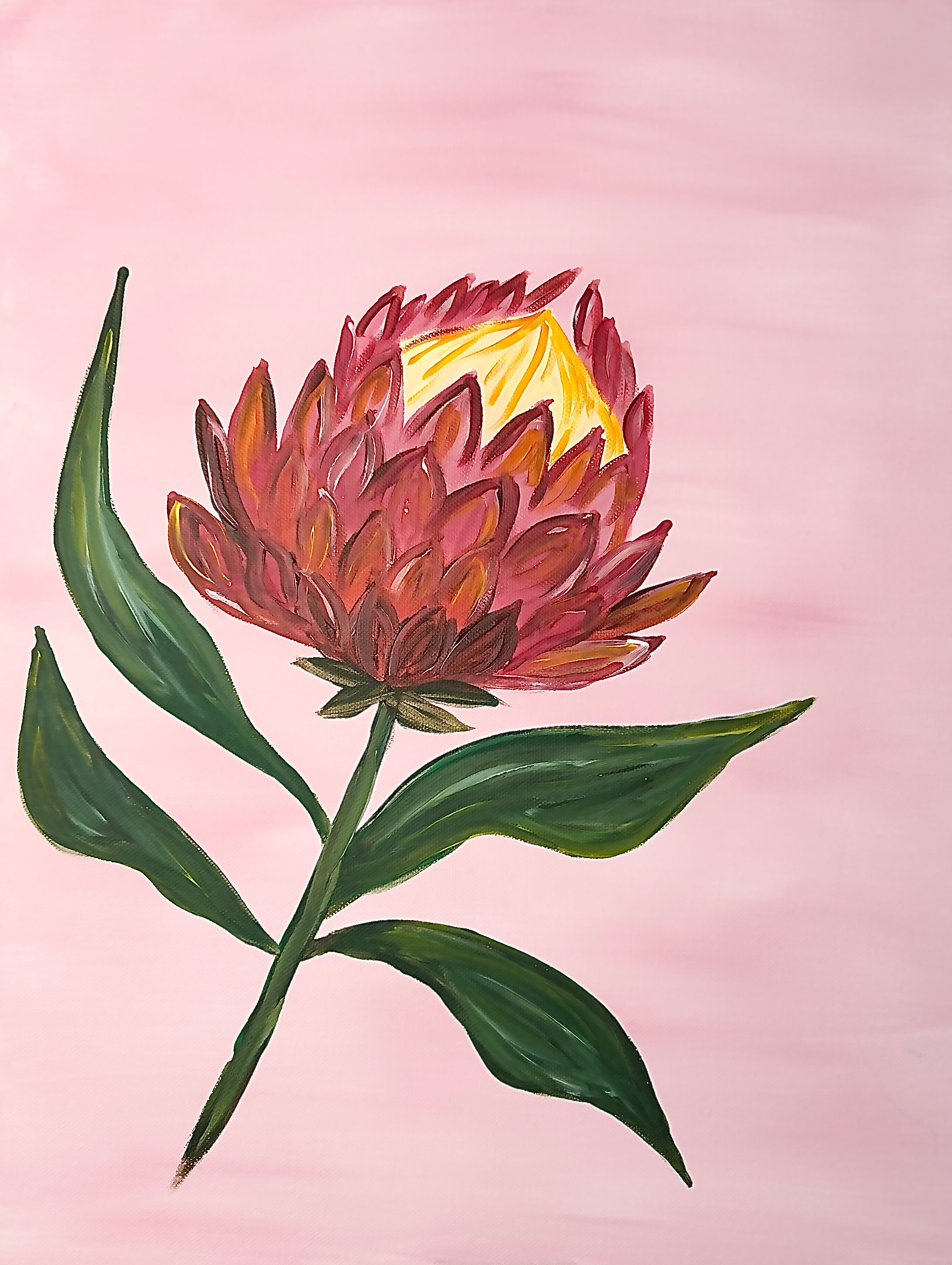 acrylic painting of a pink protea