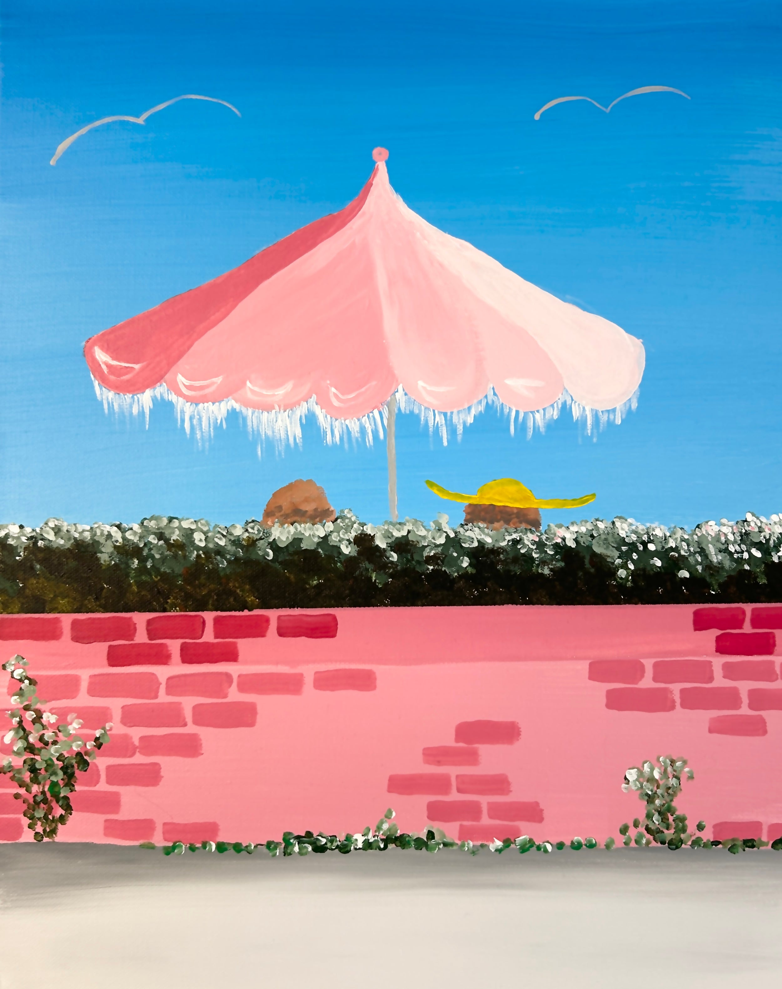 acrylic painting of pink beach umbrella with two peoples heads visible behind pink brick wall and green hedge