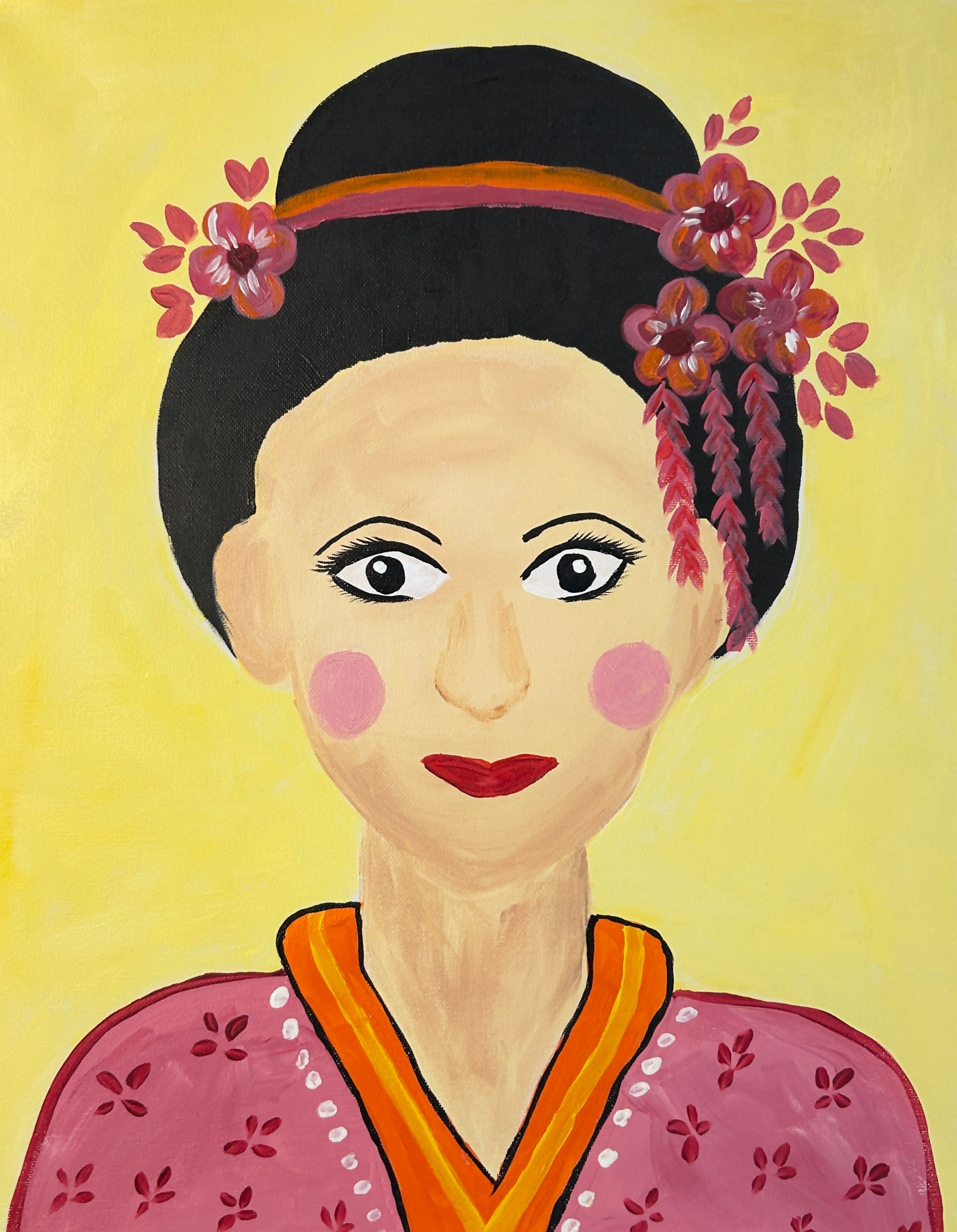 acrylic painting of a geisha wearing pink robes and pink flowers in head piece