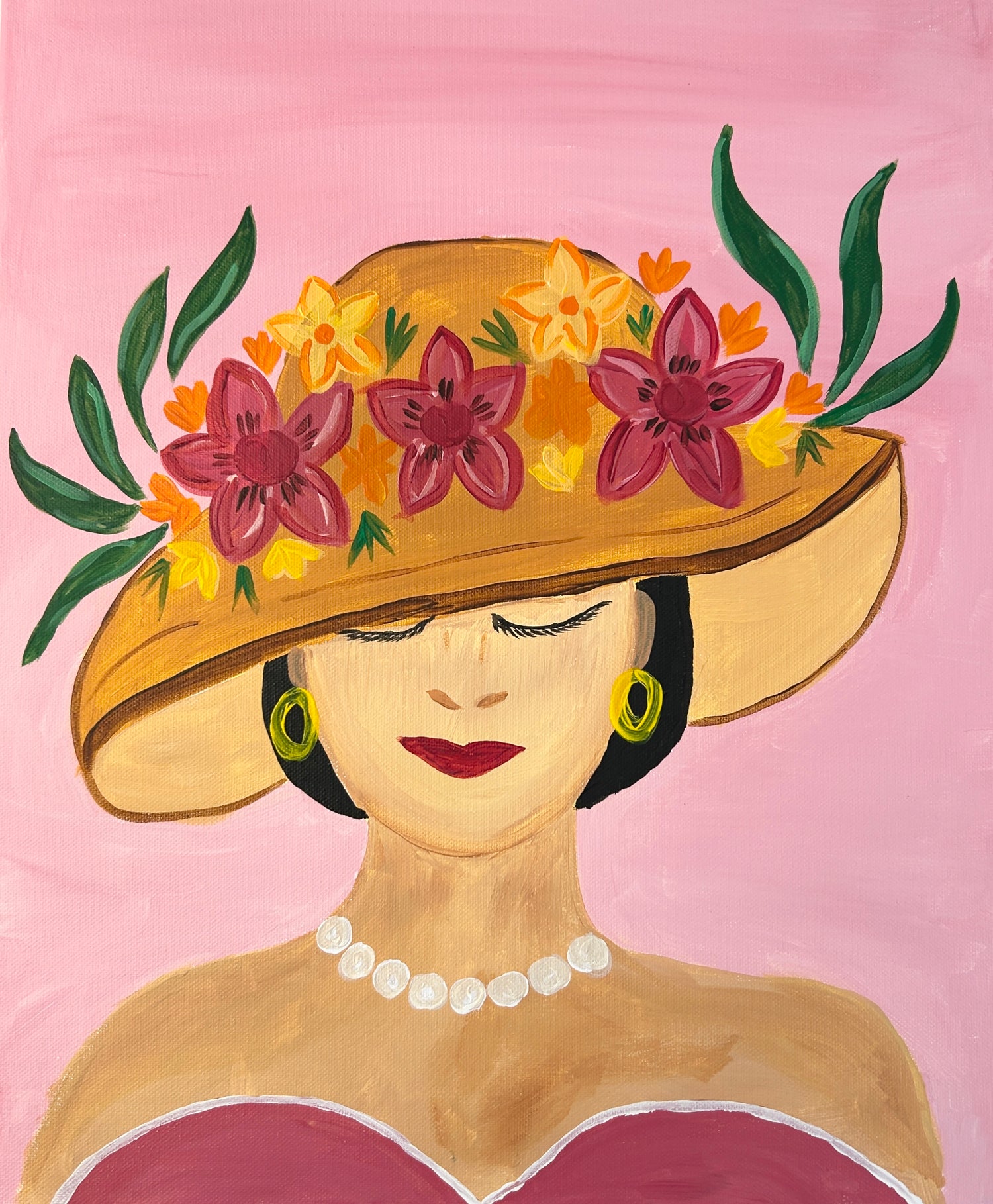 painting name is Isabella - woman in pink dress and fancy hat