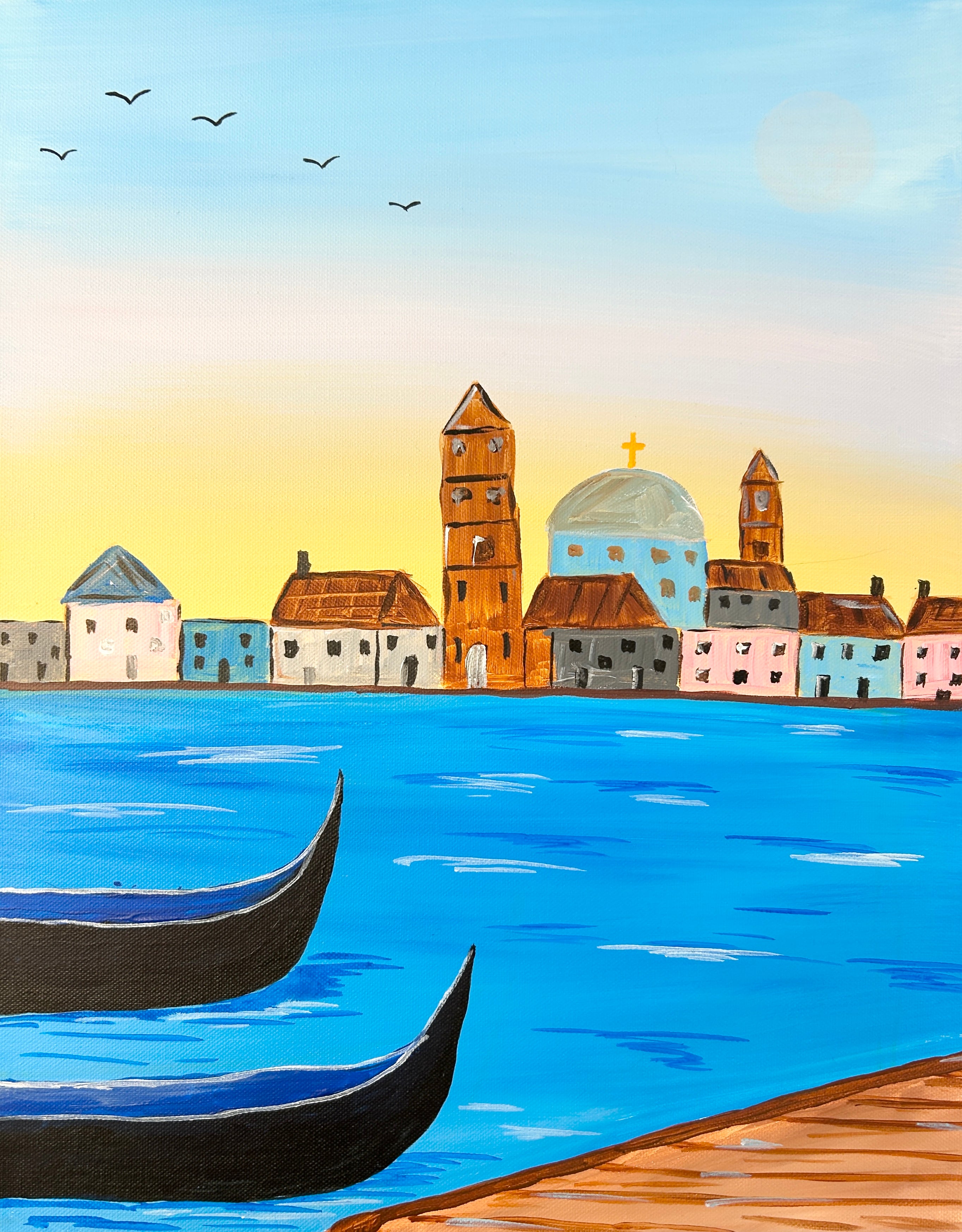 acrylic painting of Venice with the tip of two gondolas in the foreground