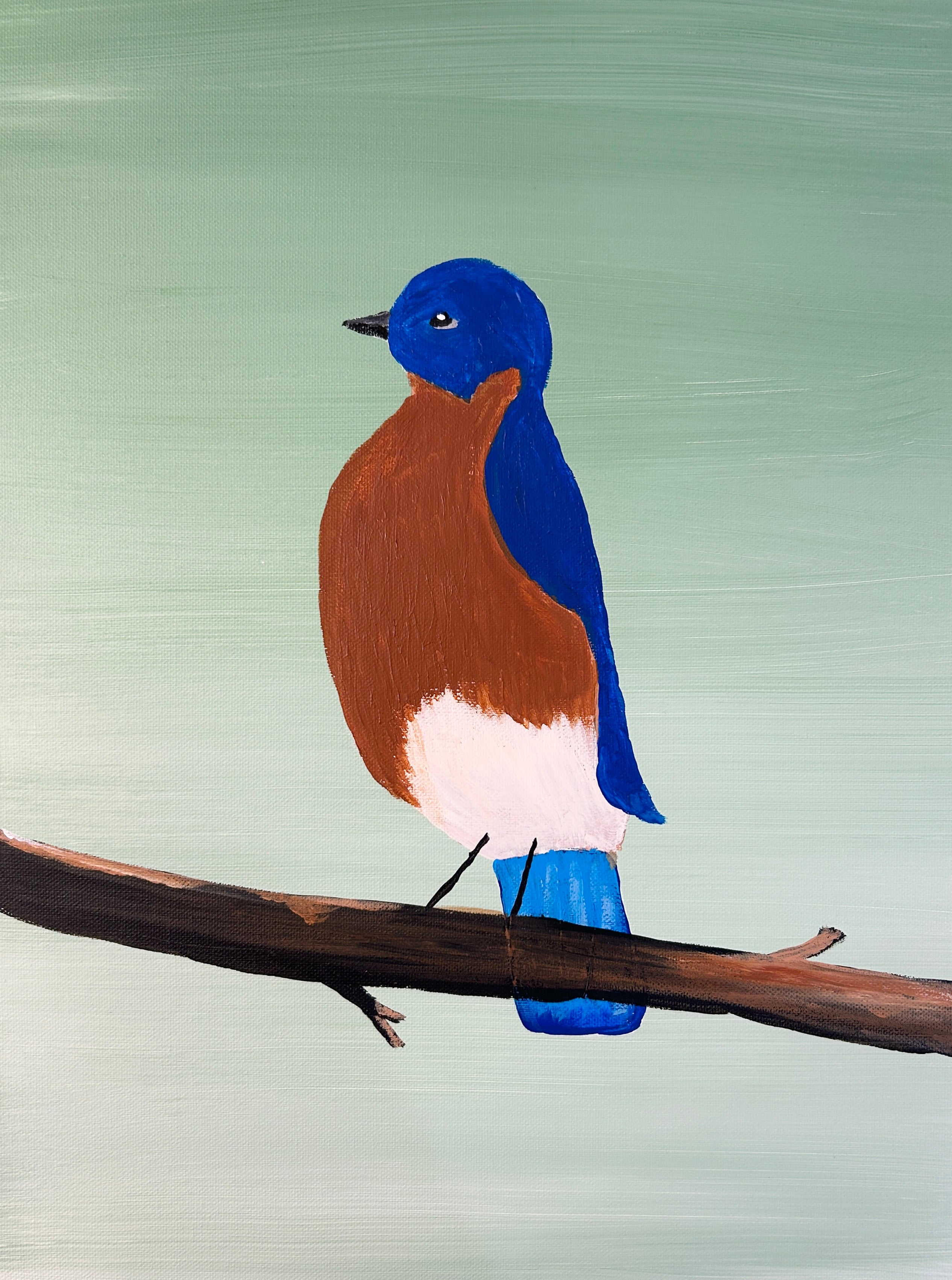 acrylic painting of a bird with brown crest and bright blue head and wings sitting on a branch
