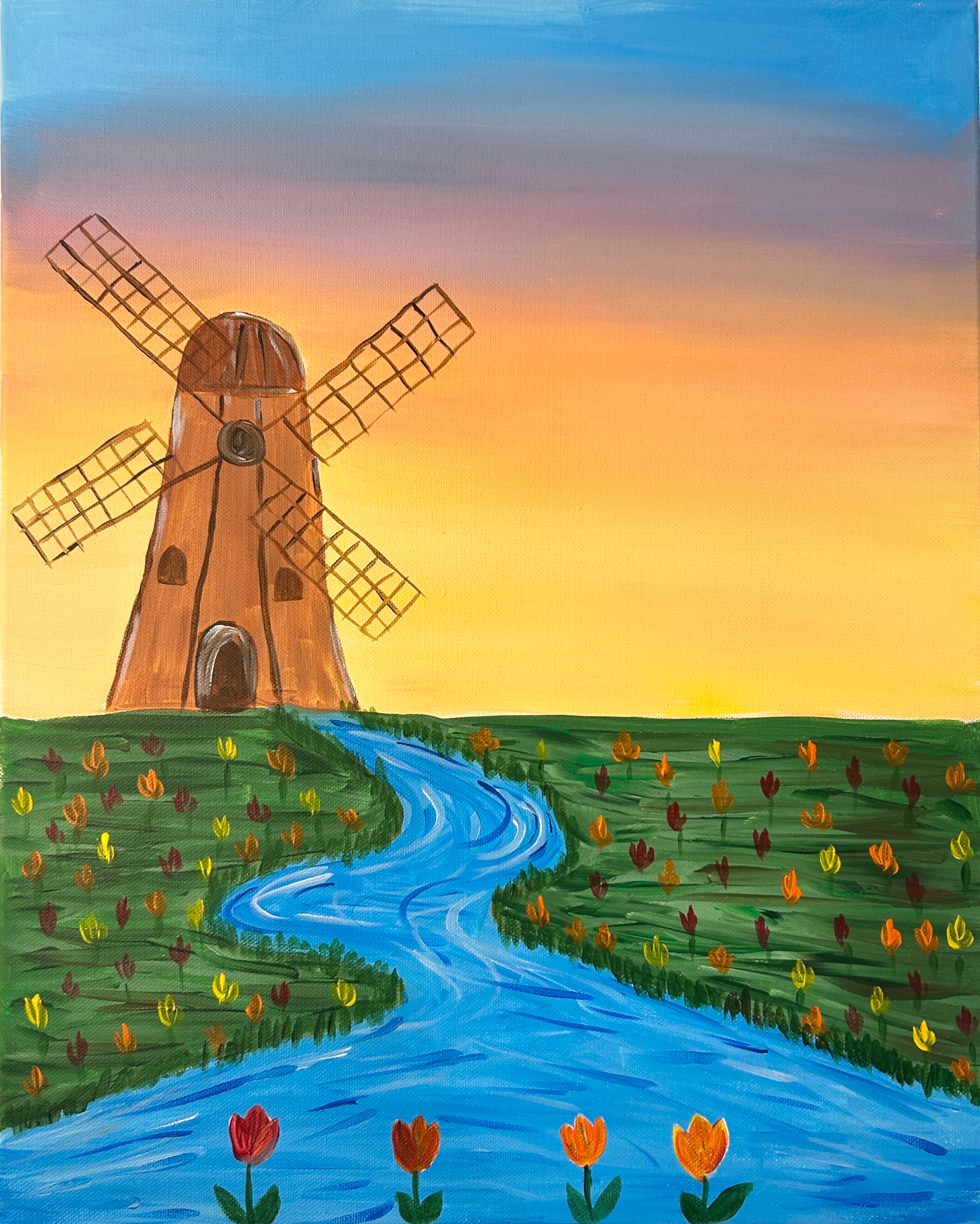 acrylic painting of a dutch windmill with a river cascading in front and green banks with small multi coloured tulips