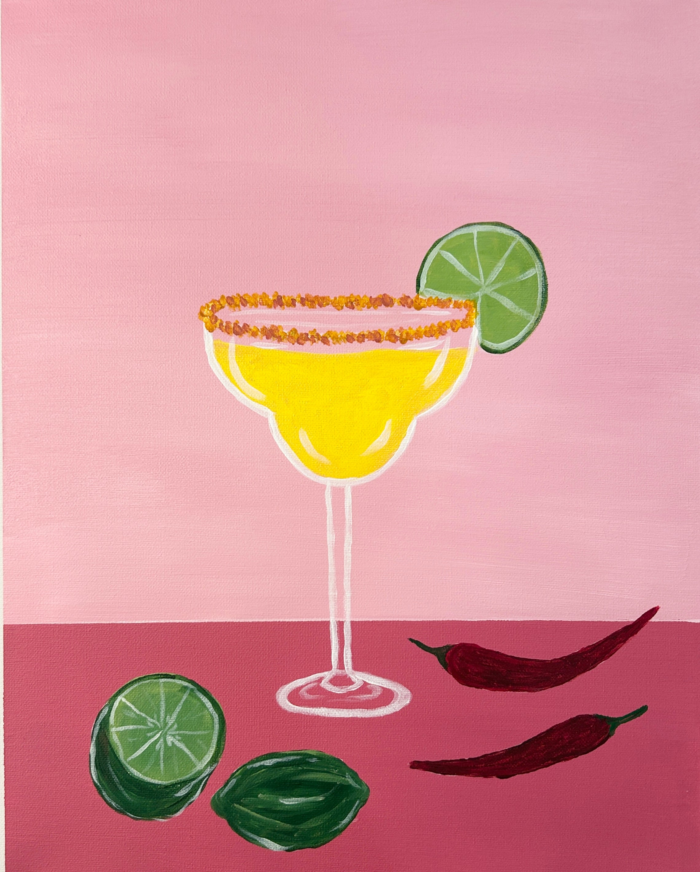 acrylic painting of a large cocktail glass with yellow beverage and lime wedge and pink background