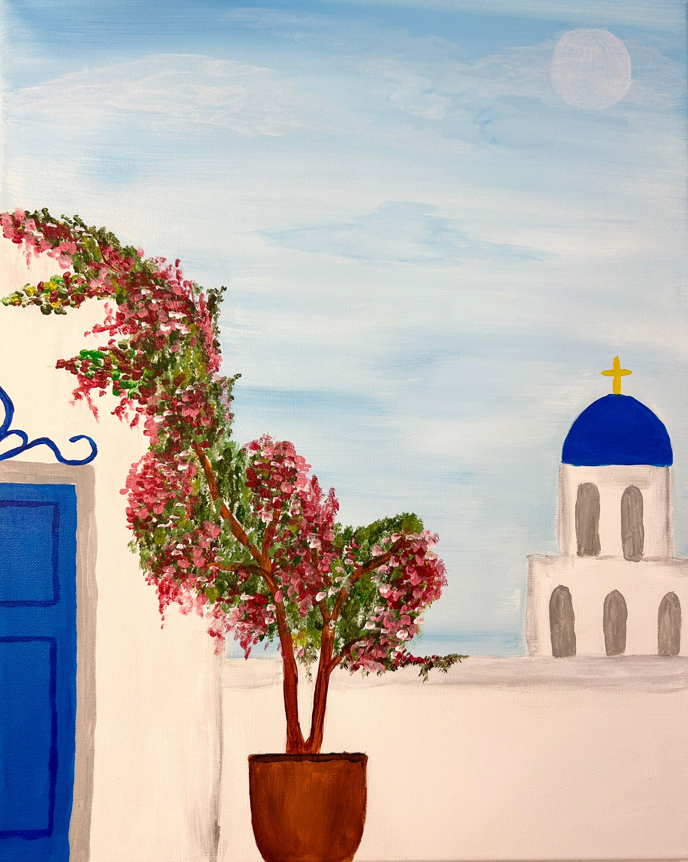 acrylic painting of traditional greek church in background and potted bougainvillea creeping over house in front