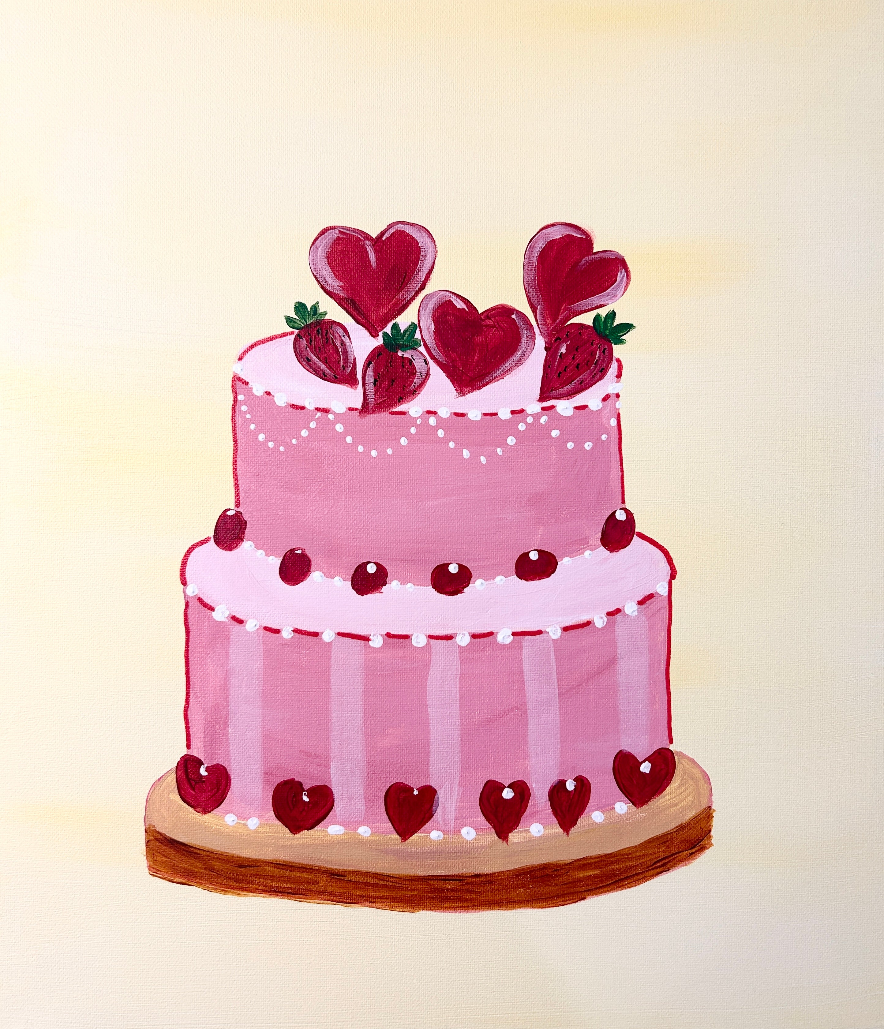 acrylic painting of a pink wedding cake with icing love hearts on top and icing trim on sides