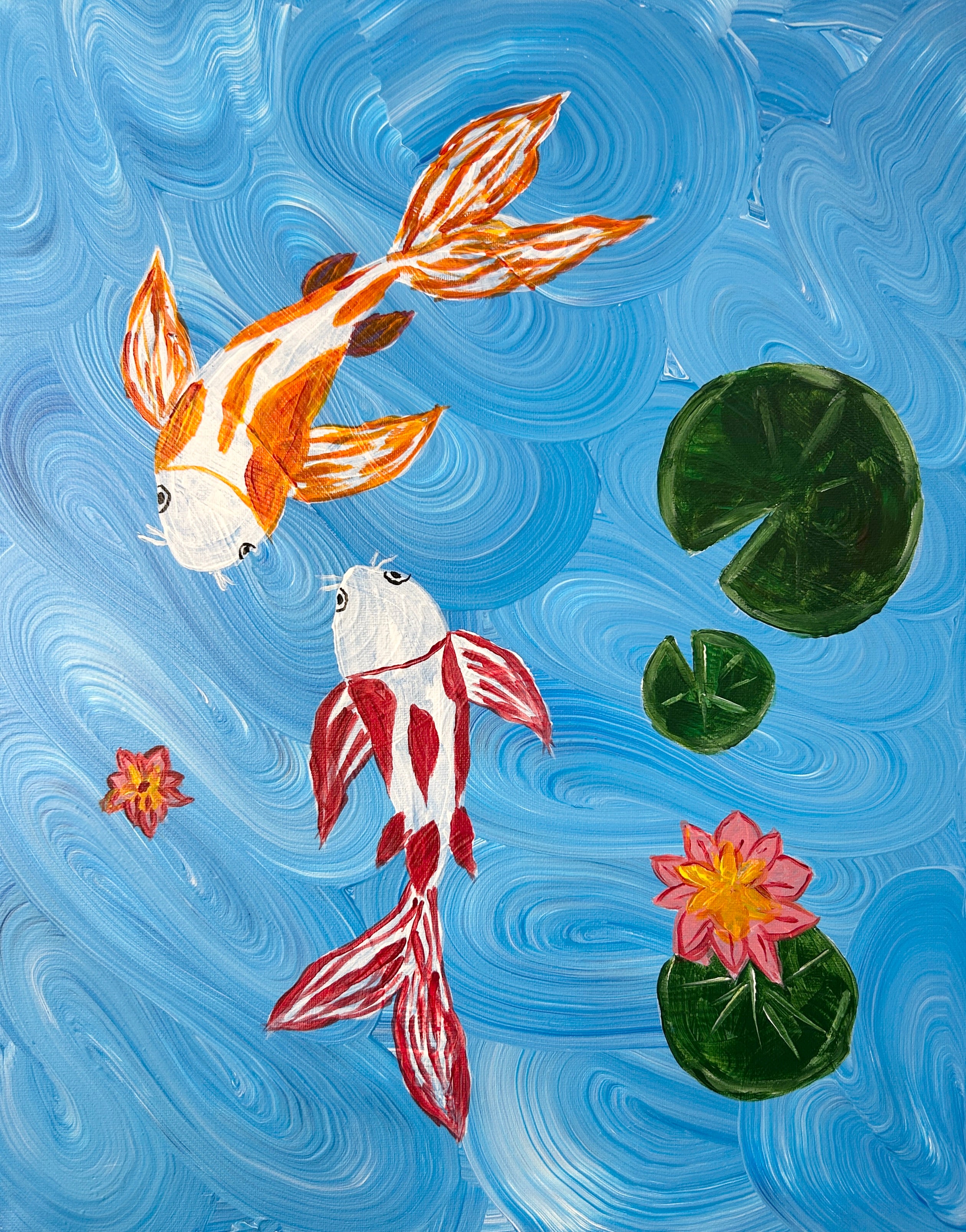 acrylic painting of two large gold fish and lily pads with tow pink flowers