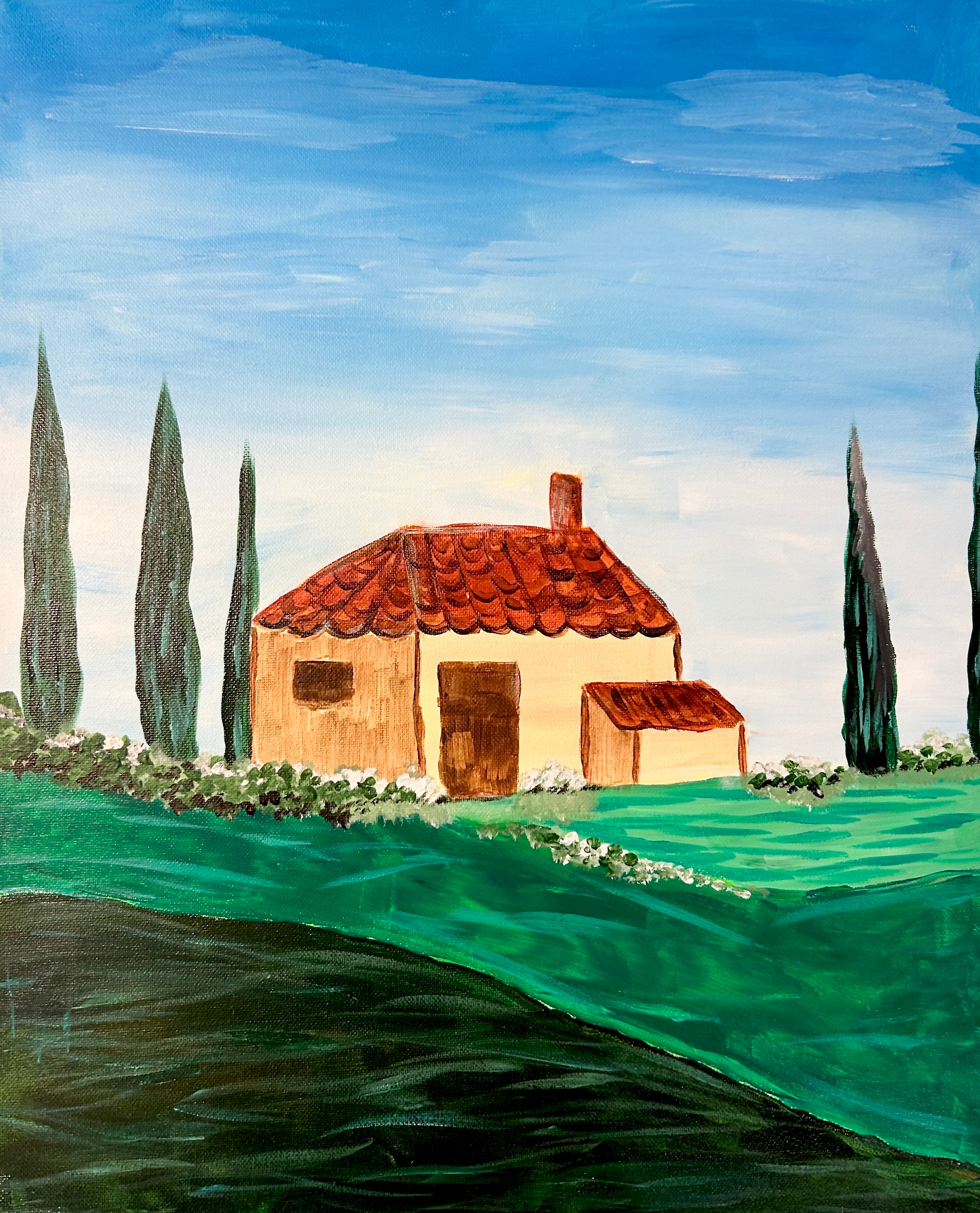 acrylic painting of a tuscan home in the hills with pencil trees and small white flowers