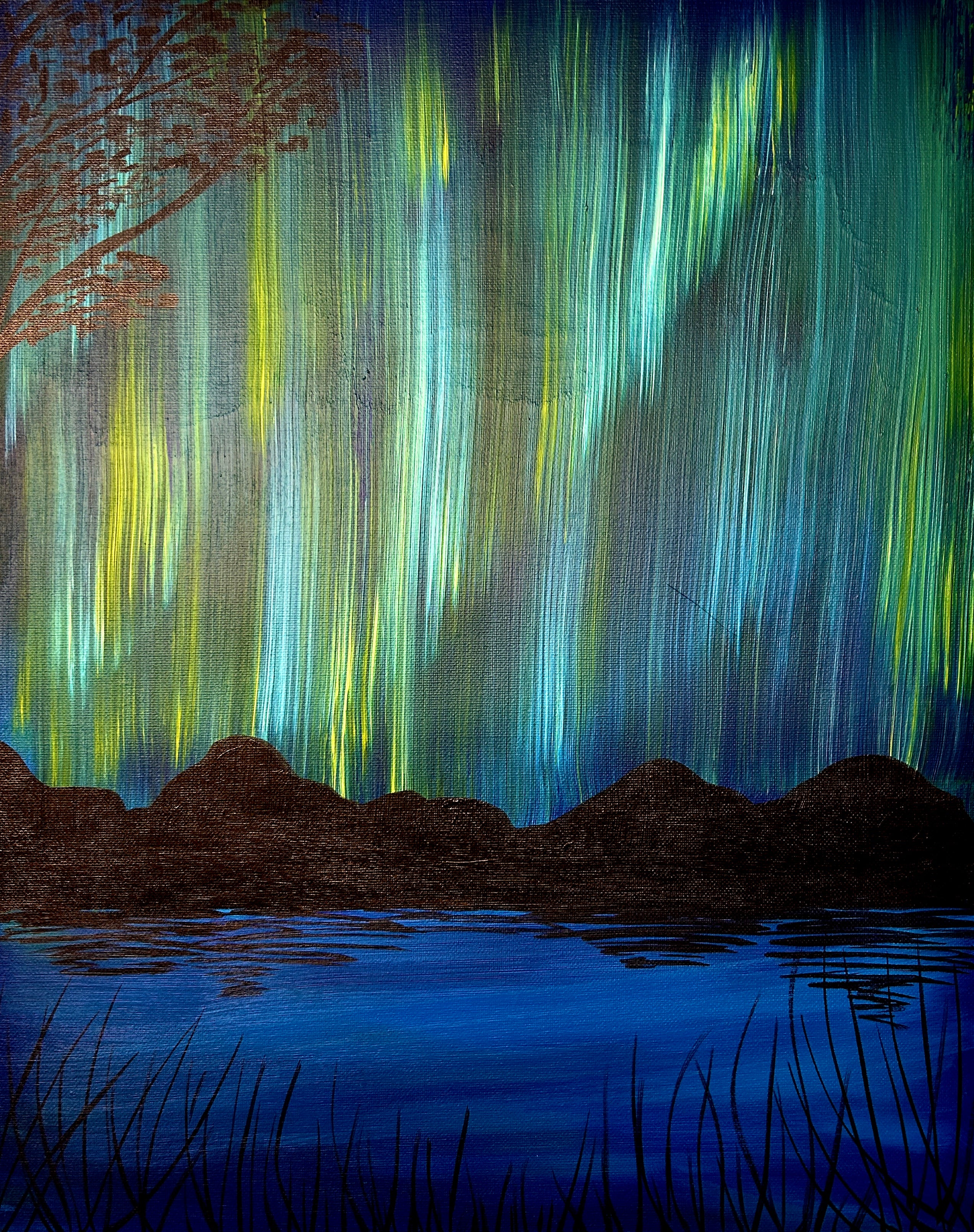 abstract acrylic painting of the northern lights over a lake with hills in the background