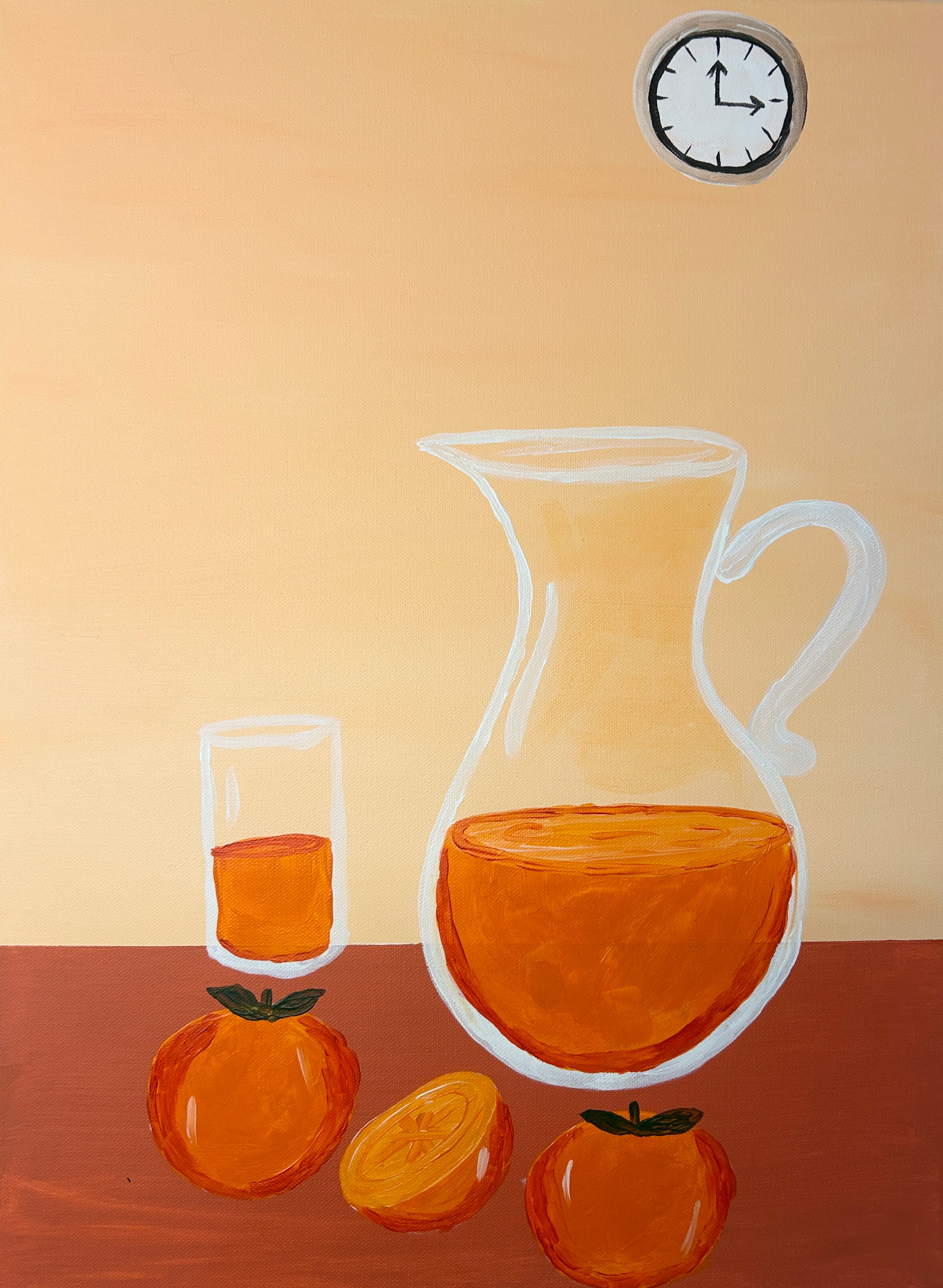 acrylic painting of a jug of orange juice with a glass of orange juice and orange wedges in front