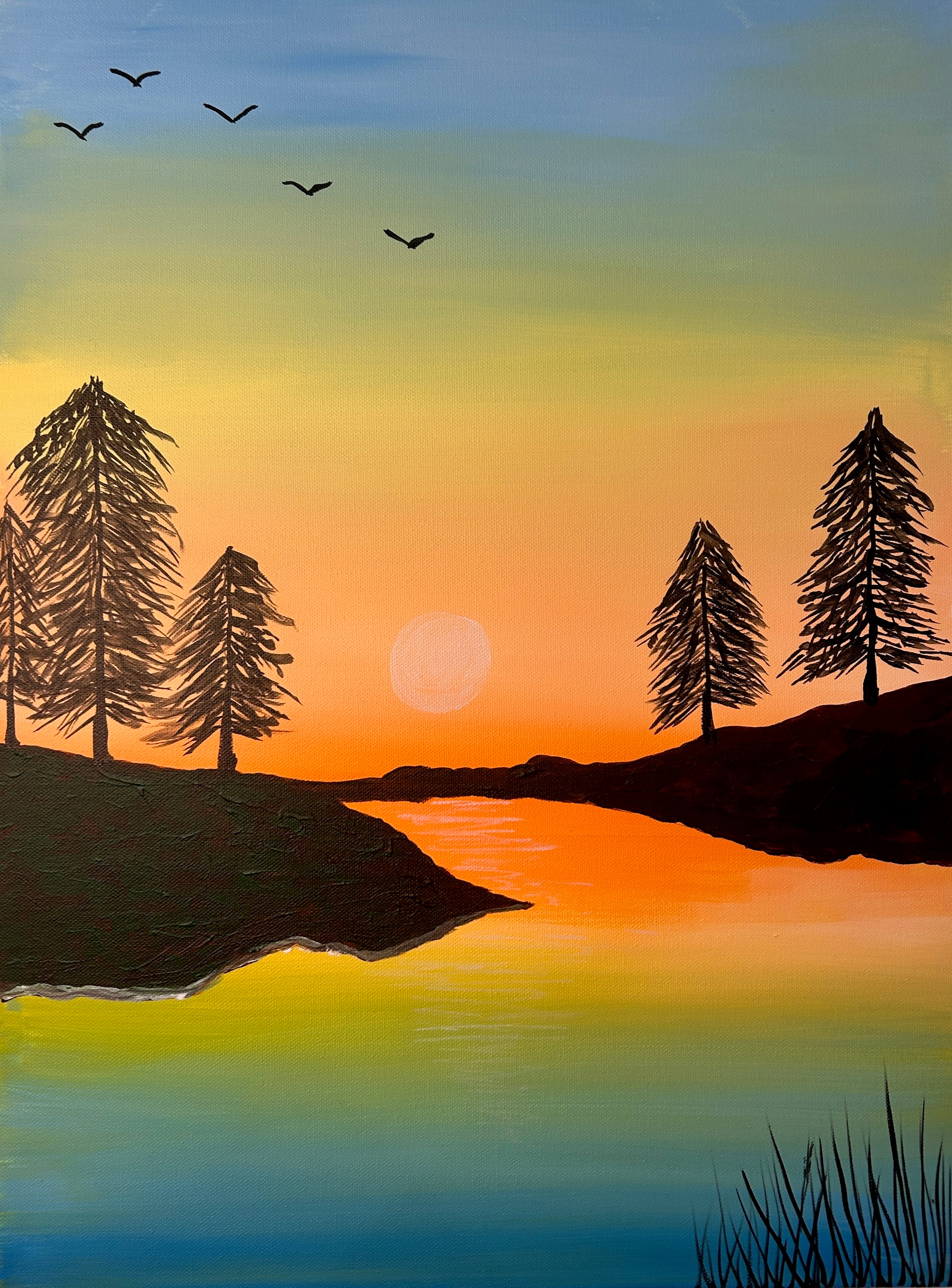 acrylic painting of sunset over lake with pine trees