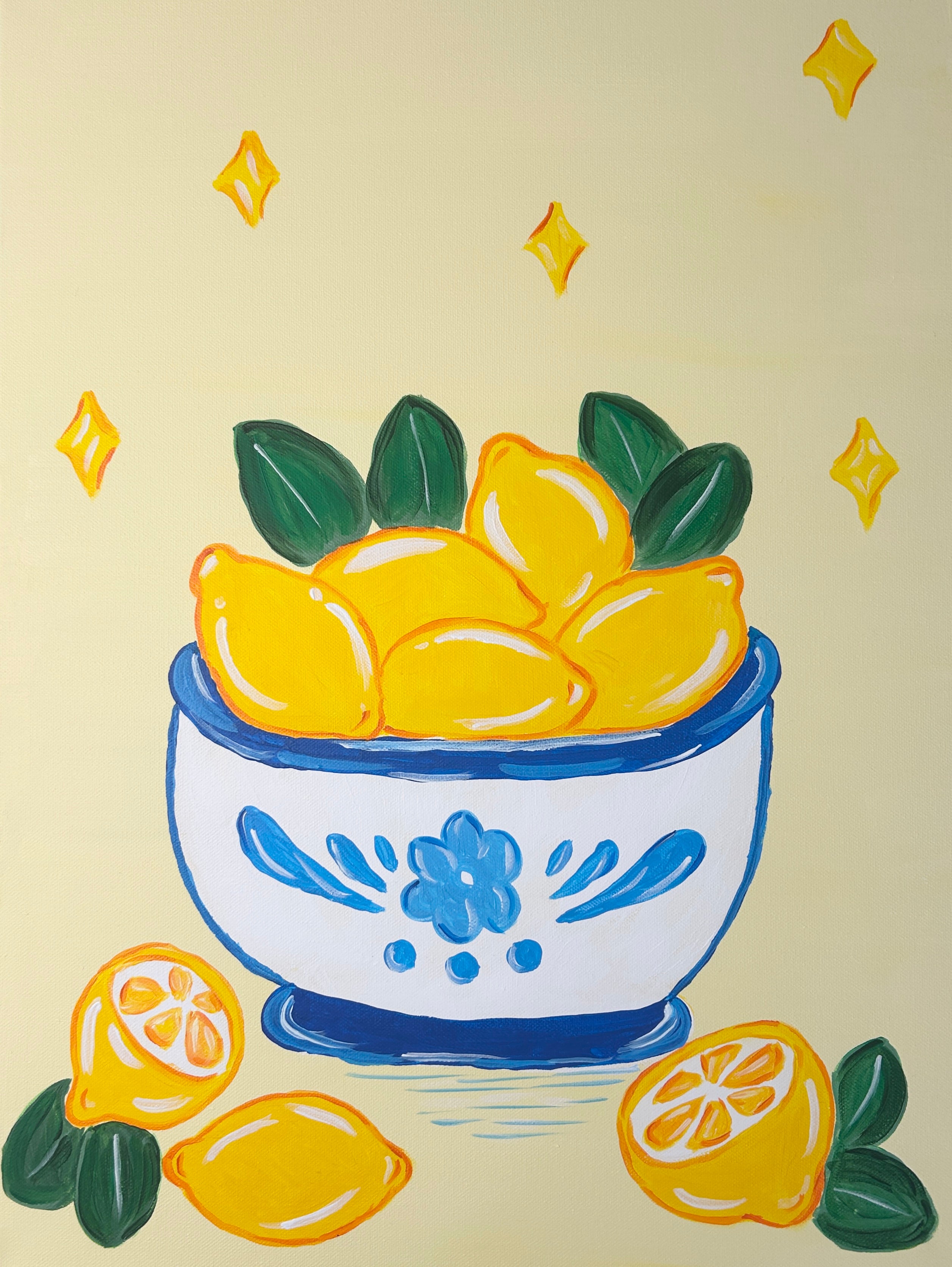 acrylic painting of a bowl of lemons with lemon wedges in front